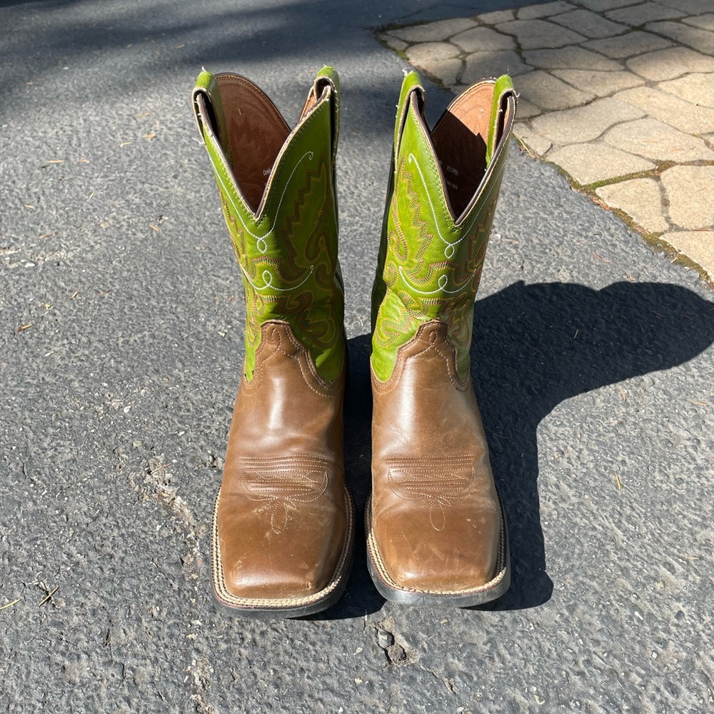 Justin Boots Hinton Square Toe Cowboy Mens Brown Green Embroidered JB1117 Sz 12D